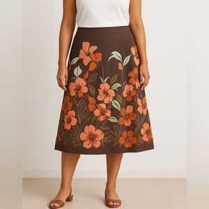 Talbots Women’s 10 Brown Silk Blend Floral Embroidered Beaded A-Line Skirt